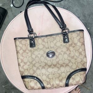 Coach Beige Signature Canvas Tote with Dark Brown Trim